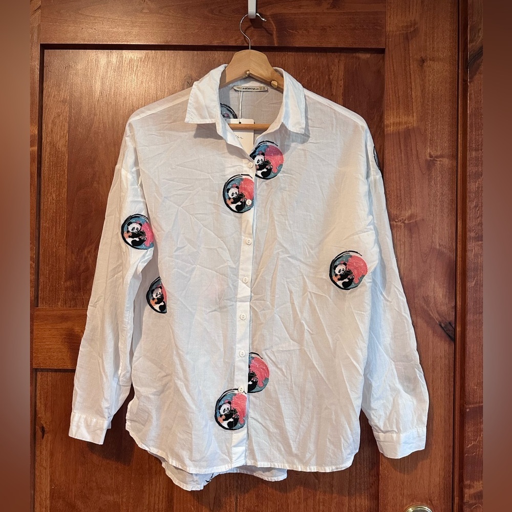 NWT Patiskha White Cotton Button Up Shirt Panda‎ Design Size Small